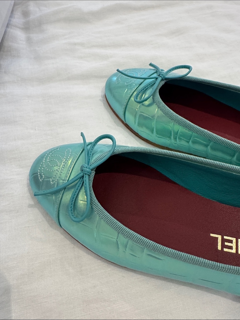 CHANEL Iridescent Aqua Ballet Flats with Bow NWT and Box